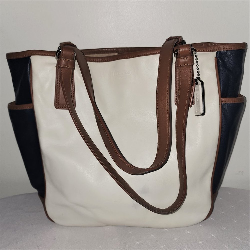 COACH - Colour Block Leather Tote Navy Cream Tan - Medium